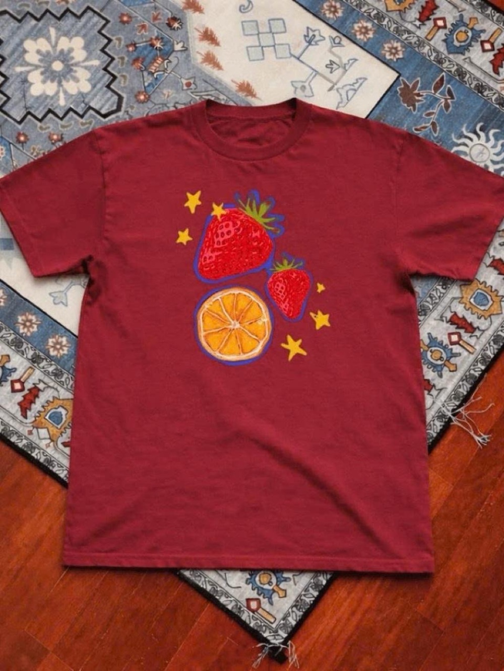 Gildan Maroon Short Sleeve Tee with Strawberry & Orange Graphic